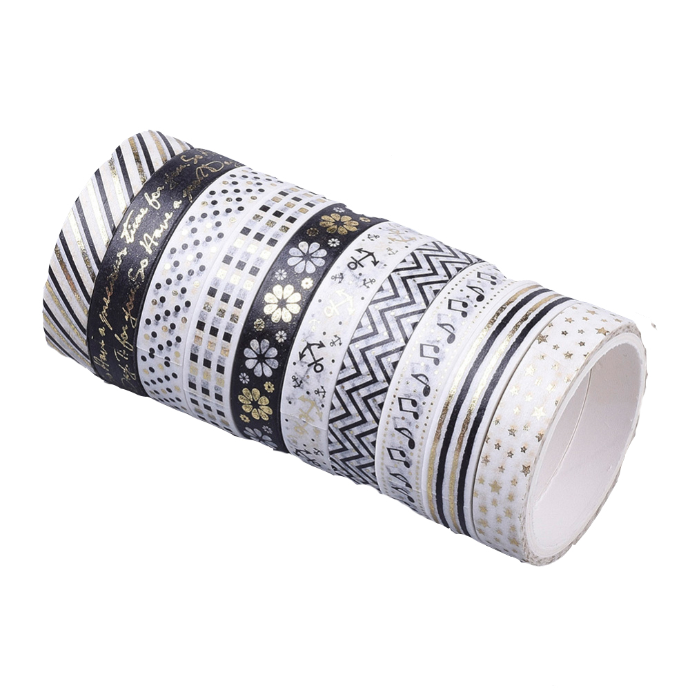 Washi Tape Set 8mm Muster schwarz-weiss,10 Rollen -  2m/Rolle 