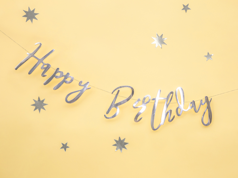 Happy Birthday Banner aus Spiegelpapier SILBER 16,5 x 62 cm Happy Birthday Banner aus Spiegelpapier SILBER 16,5 x 62 cm
