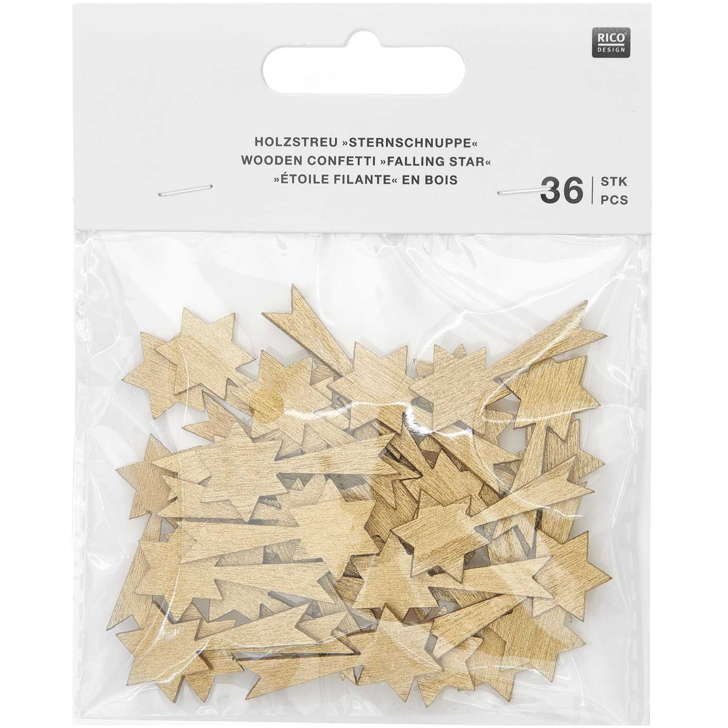 Holz-Streu Sternschnuppe gold 36 Stk 19x36mm Holz-Streu Sternschnuppe gold 36 Stk 19x36mm