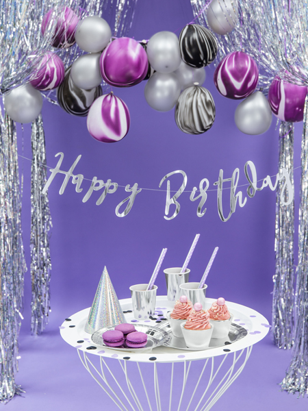 Happy Birthday Banner aus Spiegelpapier SILBER 16,5 x 62 cm Happy Birthday Banner aus Spiegelpapier SILBER 16,5 x 62 cm