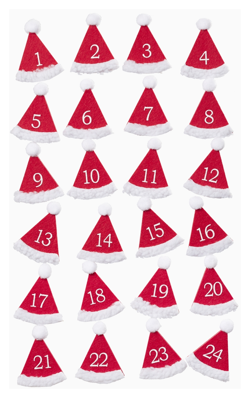 Adventskalender-Zahlen Nikolausmützen Filz mit Klebepunkt 1-24