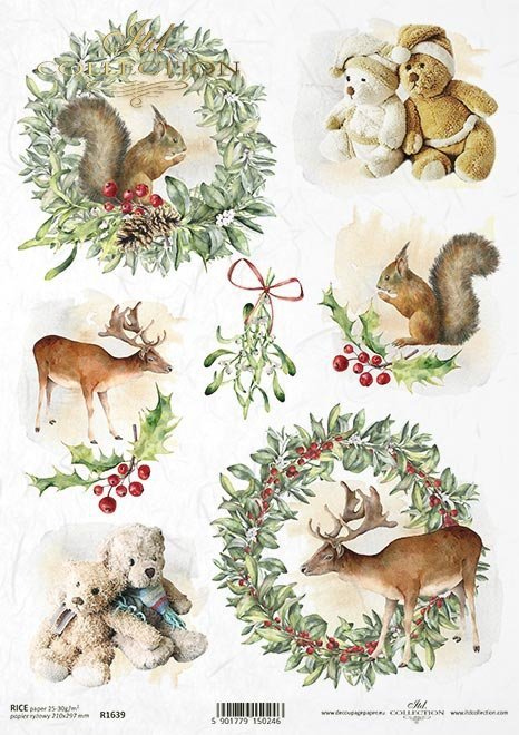 Reispapier A4 Weihnachten Tiere und Teddybären, Paper 25-30g/m2