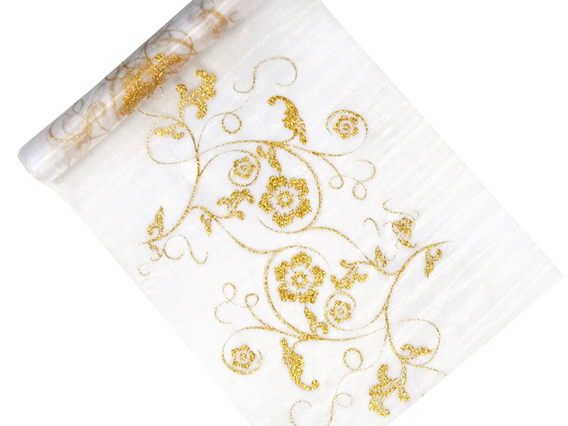 Tischband Printed Organza Muster Blumen gold weiß 0,36x9m