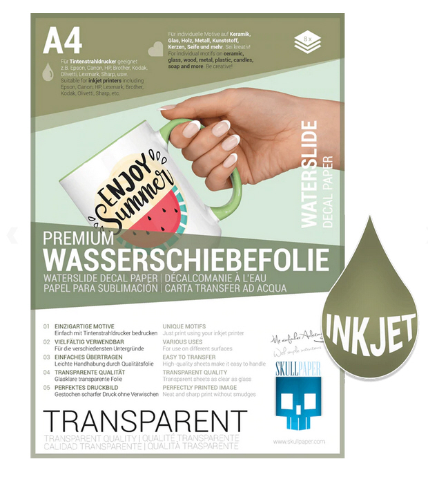Premium Wasserschiebefolie transparent A4 1 Bogen Skullpaper Tintenstrahldrucker