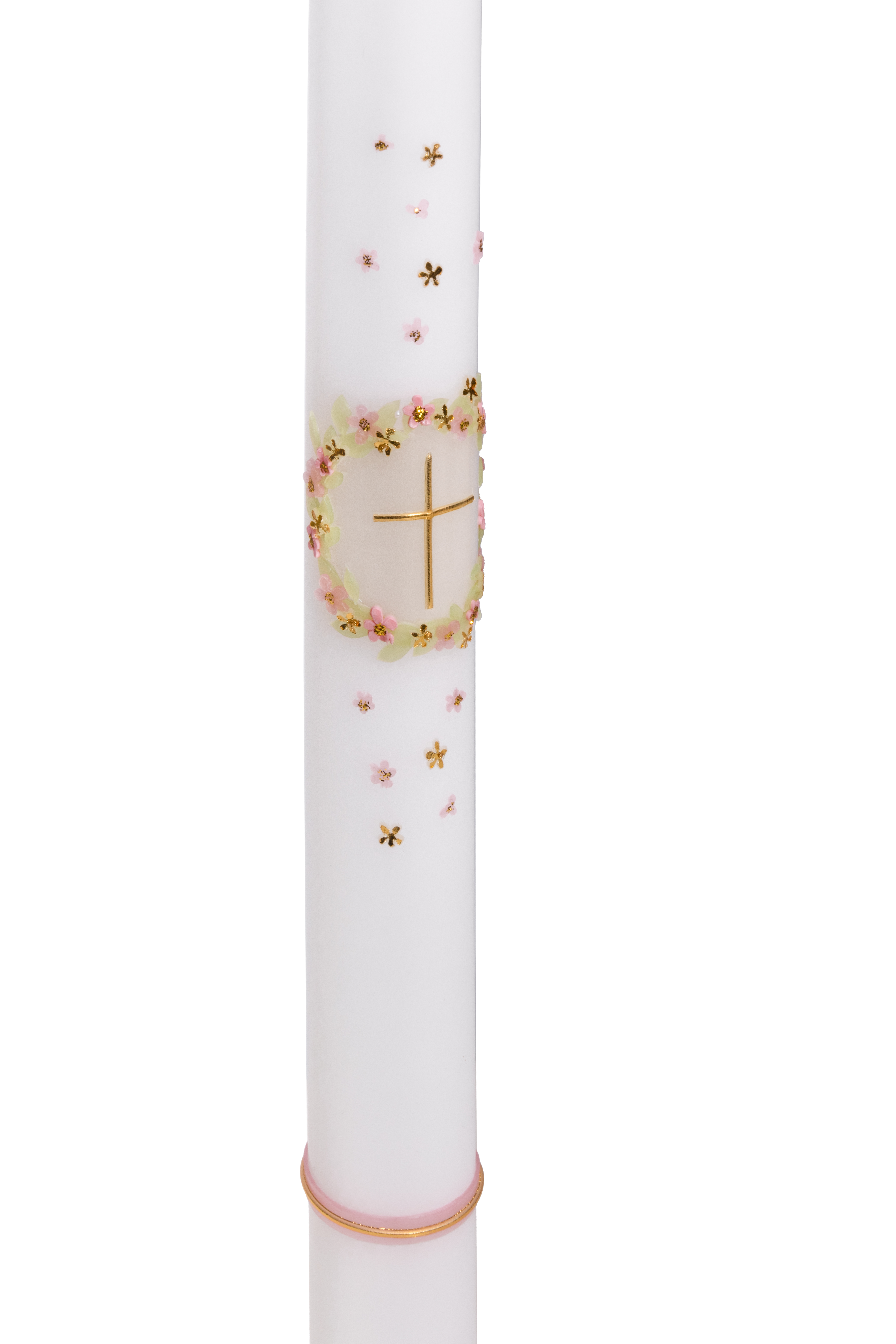 Taufkerze mit Blumenkranz und Kreuz – Handgemachtes Wachsdekor in Rosa und Grün Taufkerze mit Blumenkranz und Kreuz – Handgemachtes Wachsdekor in Rosa und Grün