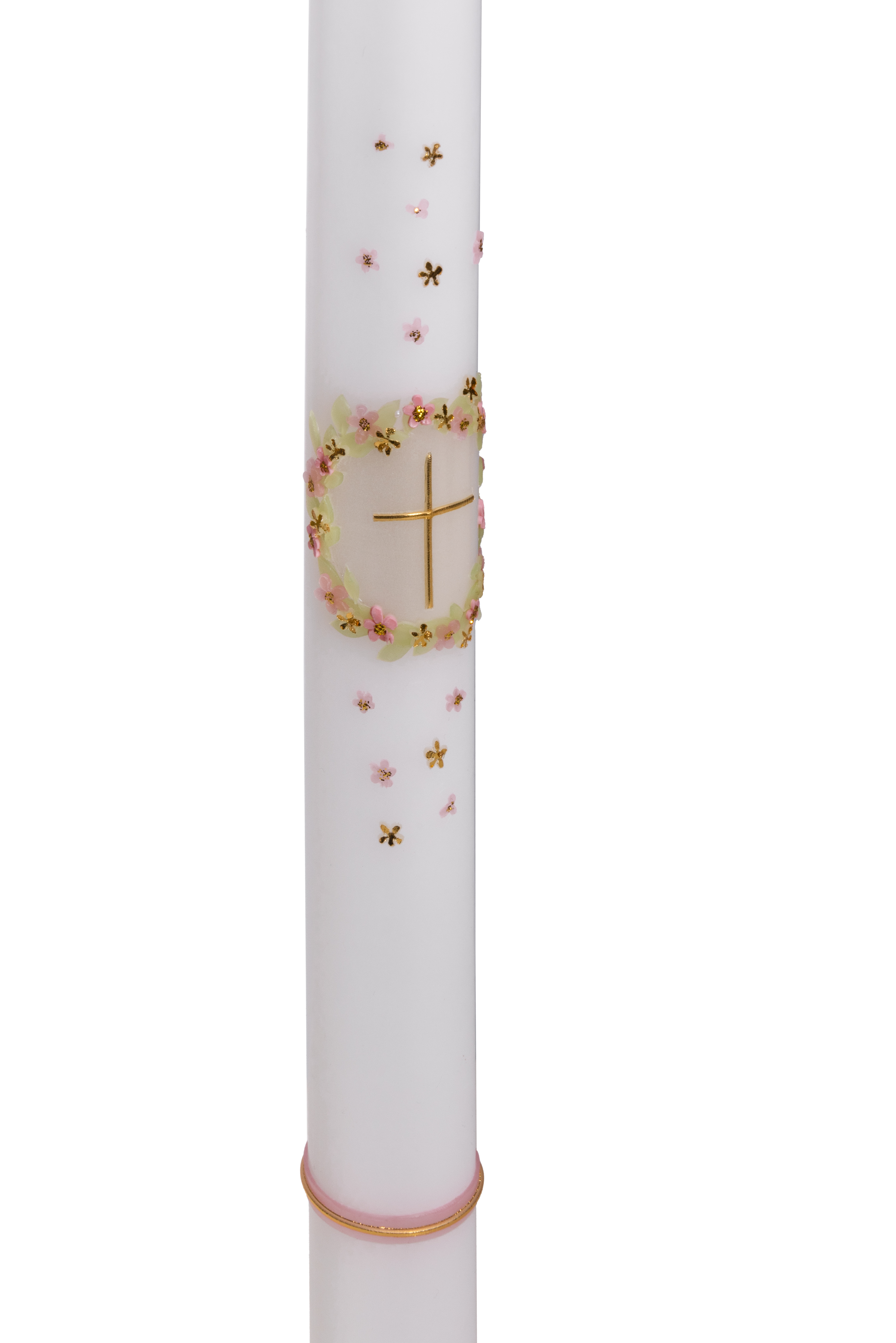 Taufkerze mit Blumenkranz und Kreuz – Handgemachtes Wachsdekor in Rosa und Grün Taufkerze mit Blumenkranz und Kreuz – Handgemachtes Wachsdekor in Rosa und Grün