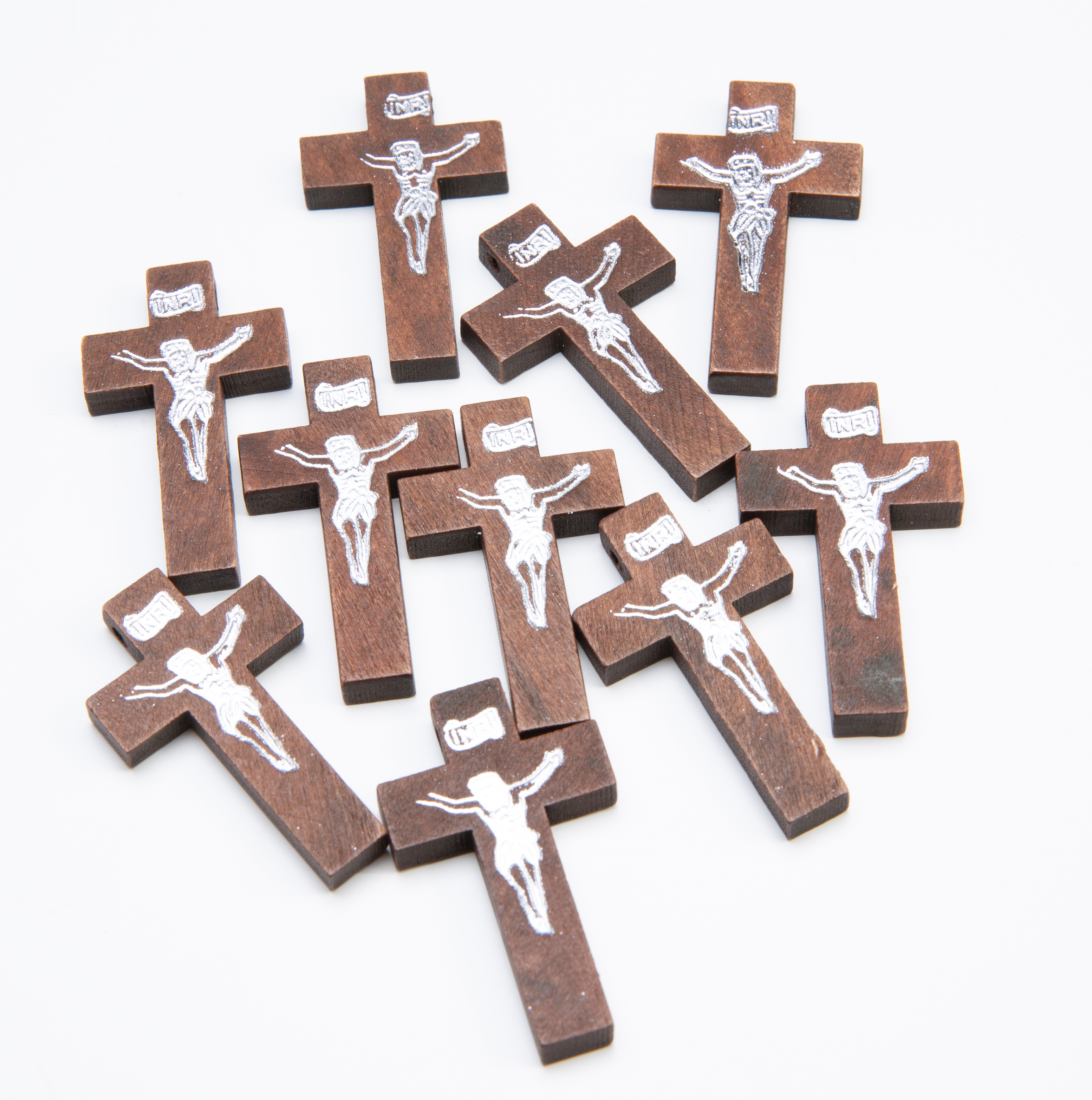 Holzkreuz-Anhänger dunkel INRI Jesus 42x23x5mm 10 Stück 