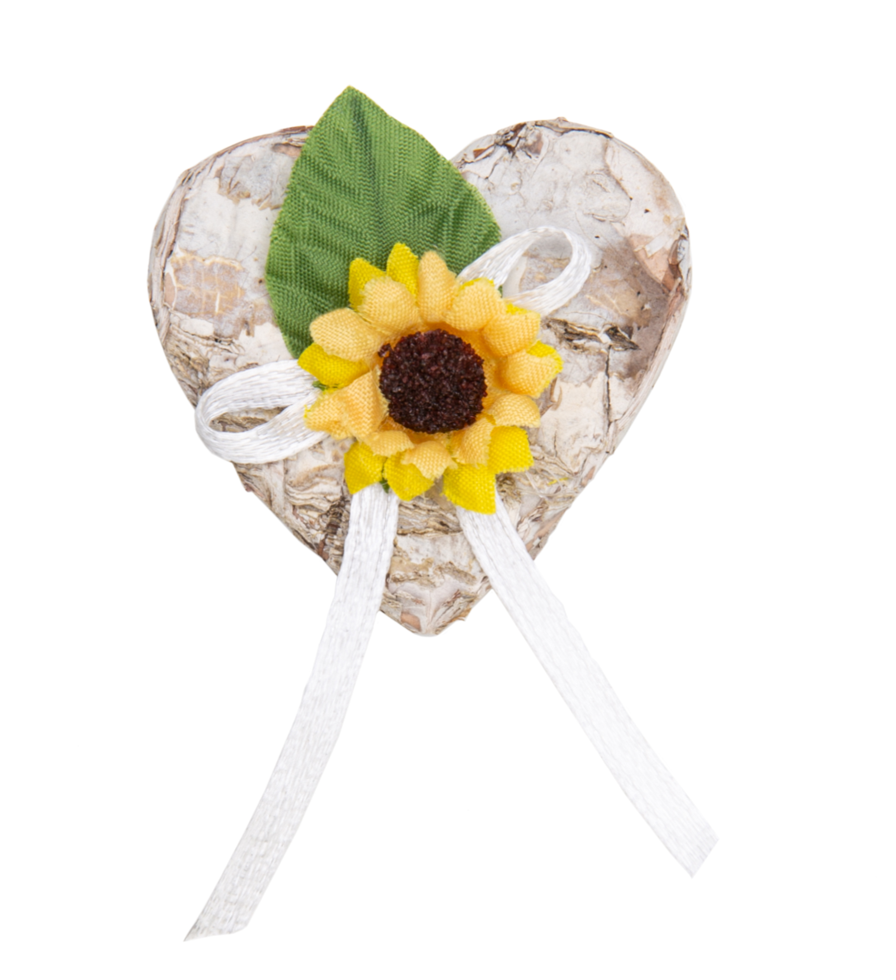 Gästeanstecker für Hochzeit Birkenherz mit Sonnenblume und Schleife 5x5cm 