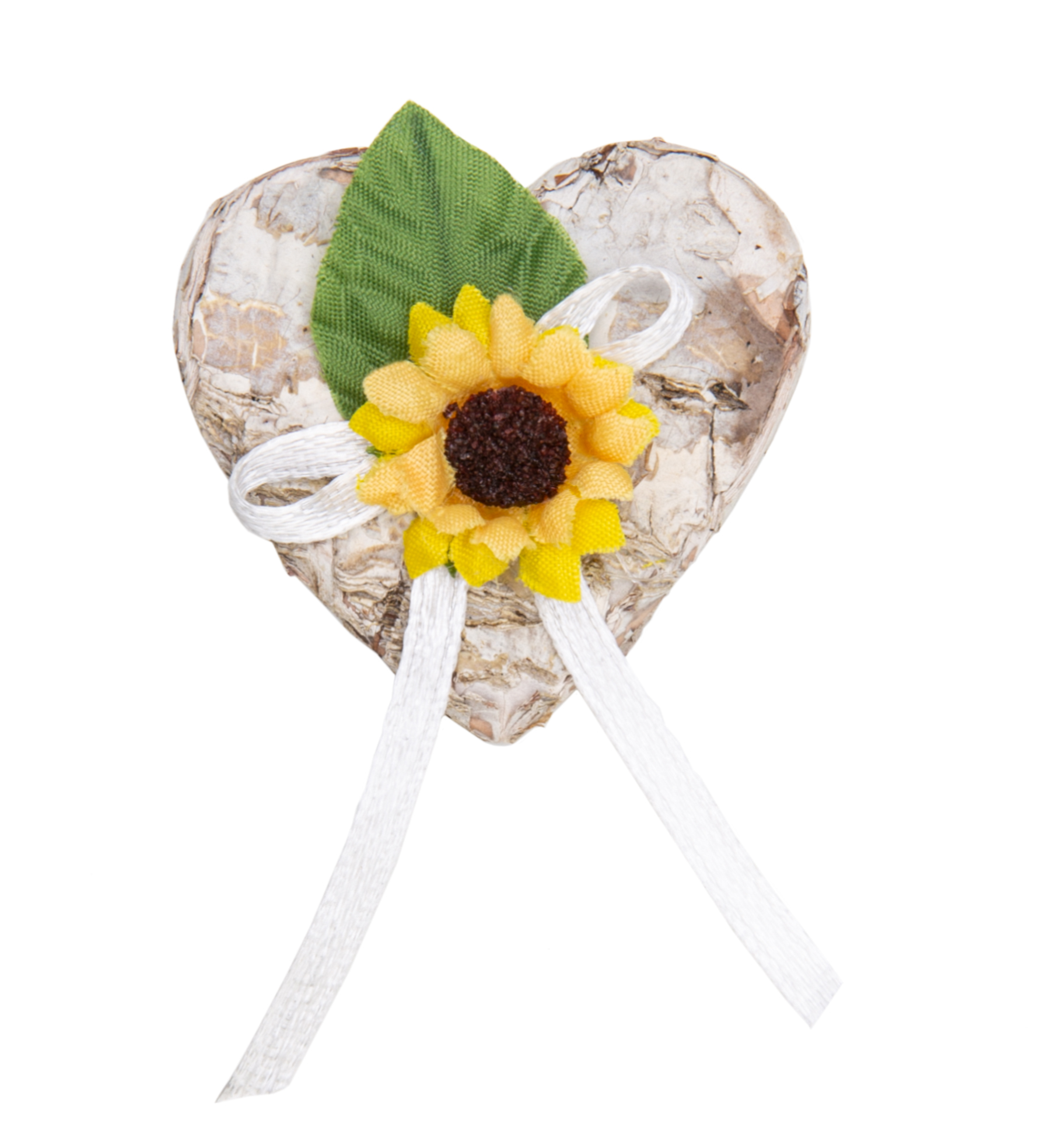 Gästeanstecker für Hochzeit Birkenherz mit Sonnenblume und Schleife 5x5cm